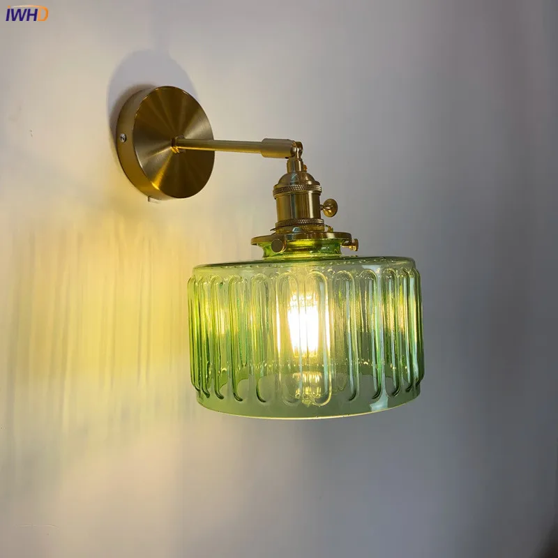 IWHD Green Glass Copper Wall Lamp Sconce Beside Bathroom Mirror Stair Light Switch Nordic Modern Wandlamp Luminaria Lighting