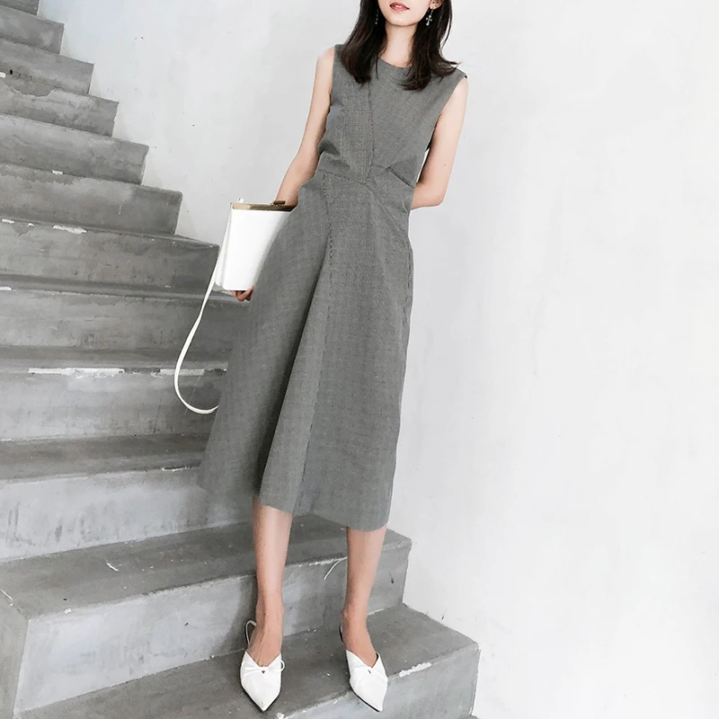 Женское винтажное клетчатое платье, без рукавов, тонкое, а-силуэт, платья для офиса, для девушек, элегантное, летнее, до середины икры, Vestidos Femme