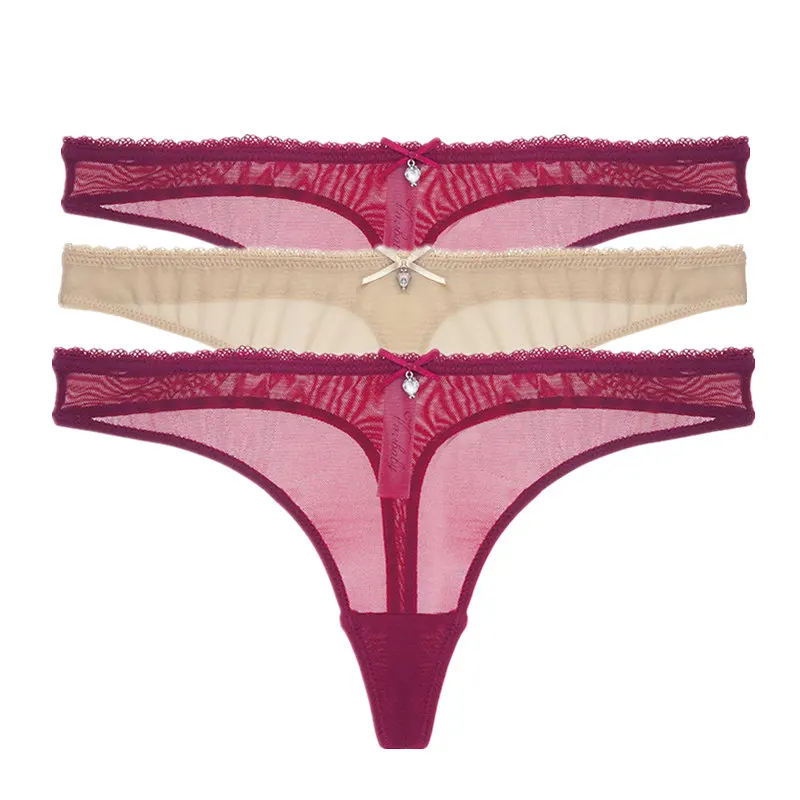 2winered1beige Varsbaby стринги Прозрачное нижнее белье из пряжи с бантом тонкие хлопковые трусы с низкой посадкой трусики-стринги 3 шт./лот для женщин - Цвет: 2winered1beige