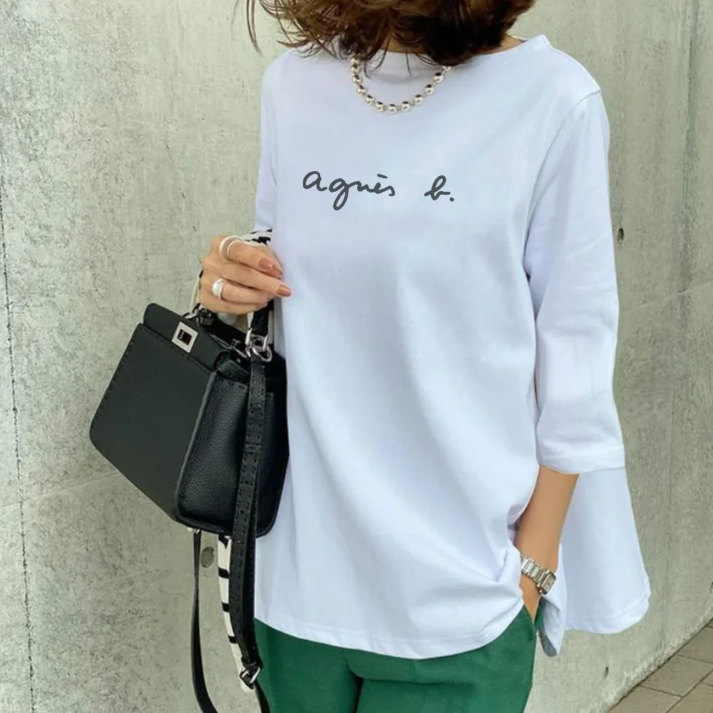 

Korea Fashion Women T-Shirt 2021 Autumn Three-Quarter Sleeve Letter Print Casual Round Neck Loose Solid Color Female Tee Top