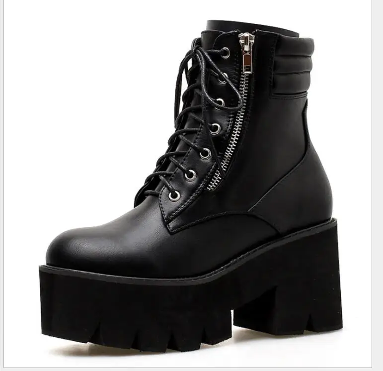 

Autumn Ankle Boots For Women Motorcycle Boots Chunky Heels Casual Lacing Round Toe Platform Boots Round toe platform Shoes Femal