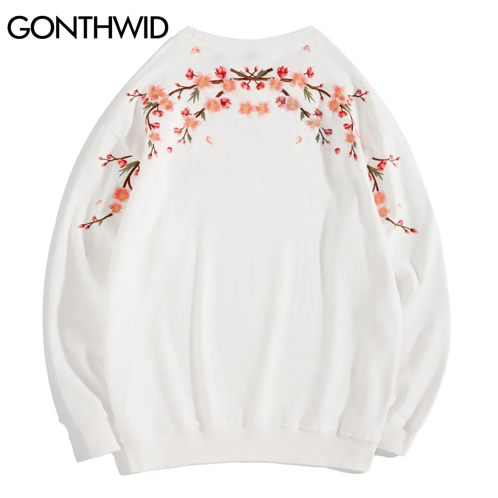 Толстовки GONTHWID в стиле Харадзюку с вышивкой пуловер японским цветком вишни
