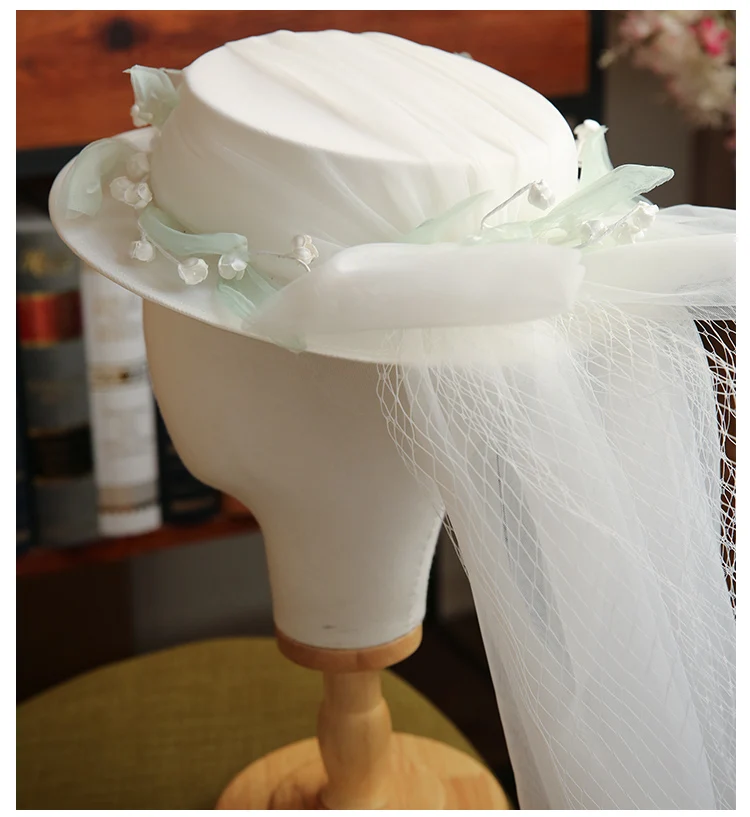 

Spring Summer Women Flower Flat Fedora Cap with Long Veil Mesh Fairy White Wedding Hat Elegant Ladies Formal Party Hat Headdress