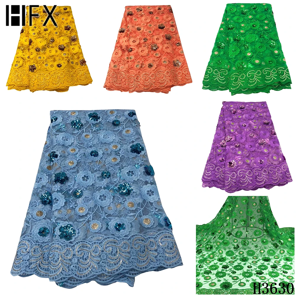 

HFX French Sequins Net Lace Fabric 2020 African power blue Tulle Lace Fabric High Quality Embroidered Nigerian for dress H3630