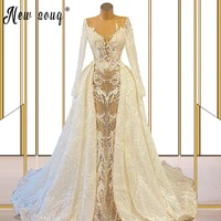 appliques detachable train lace mermaid wedding dress 2021 beading long sleeve v neck vintage gown bride robe de mariage plus