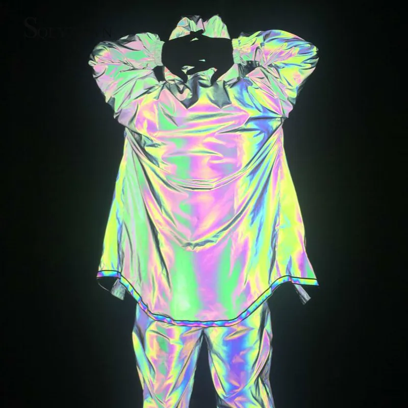 Мужская длинная куртка с капюшоном разноцветная Радужная Светоотражающая в