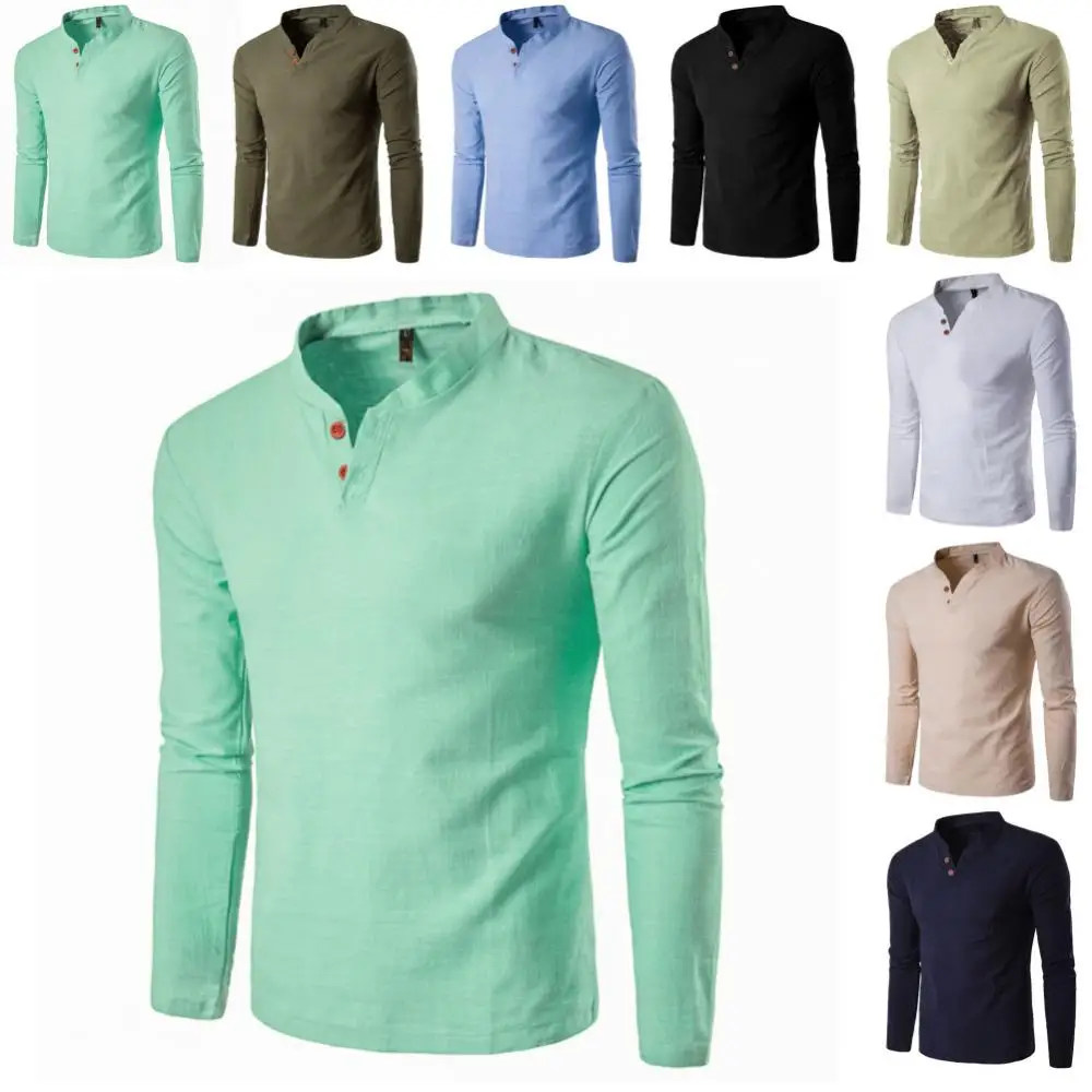 Рубашка мужская с V-образным вырезом блуза из хлопка и льна воротником-стойкой на