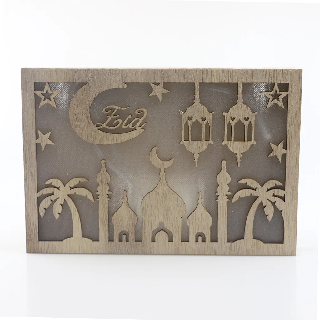 

Wooden Eid Mubarak Ramadan Gulbang Square Rectangle with LED Lamp Decoration Crafts Muslim Holiday Decorations Household Items