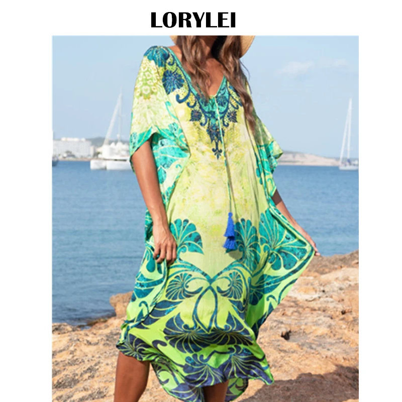 Женское пляжное платье туника зеленое Хлопковое средней длины с треугольным