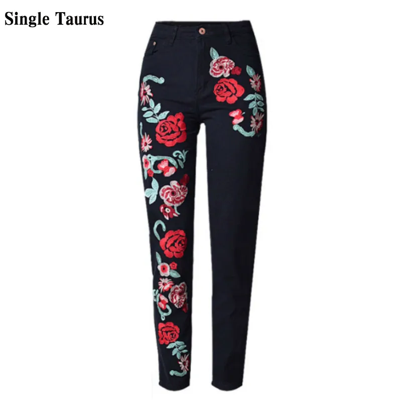 Черные джинсы с вышивкой для женщин уличная одежда высокая талия прямые Mujer