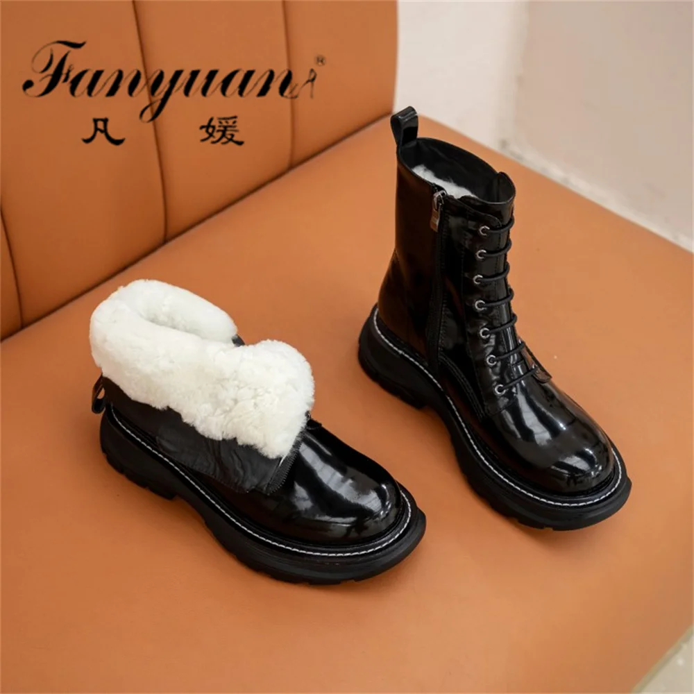 Murah Fanyuan Sepatu Kulit Asli Wanita Anti-selip Tetap Hangat Wol Sepatu Bot Wanita Tumit Chunky Sepatu Bot Pergelangan Kaki Hak Pesta Musim Dingin