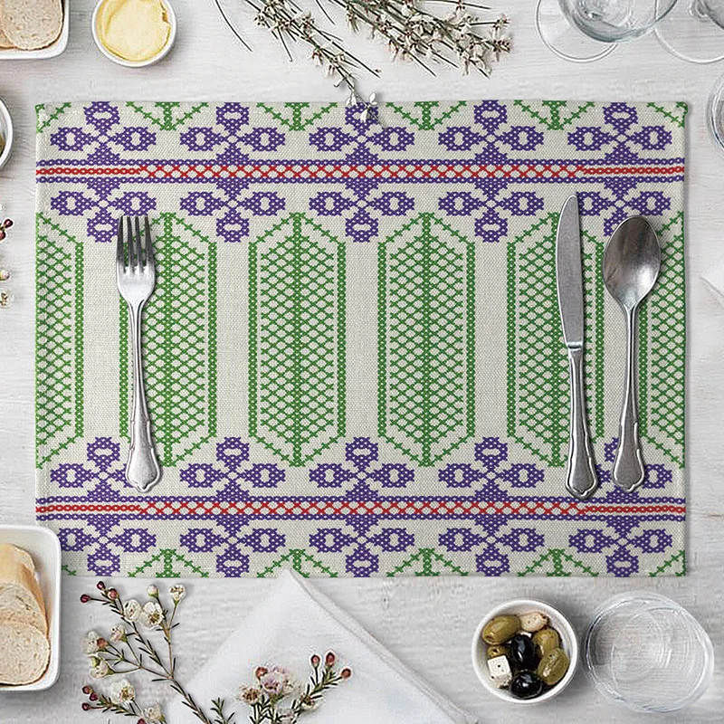 Льняная подстилка с геометрическим рисунком тропических растений цветов птиц