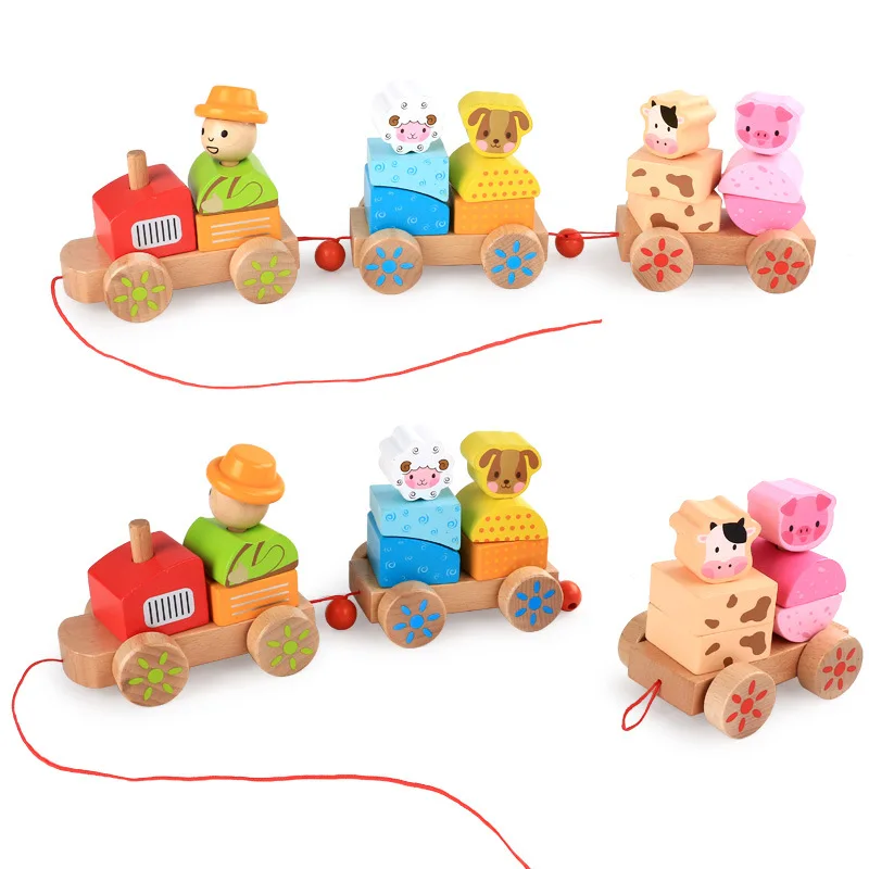 

Kids Early Education Props Trailer Wooden Train Vehicle Blocks Geometry Farm Animal Colour Cognitive Blocks Christmas Gift