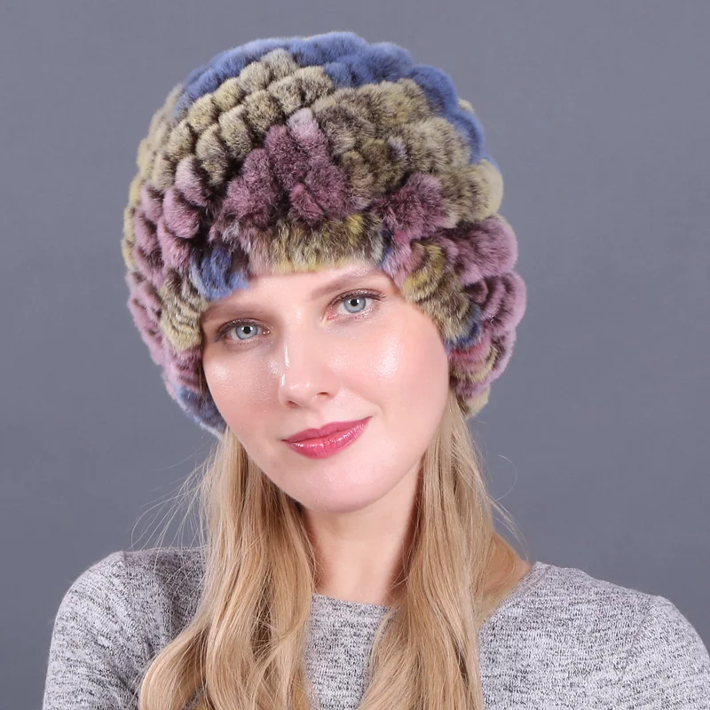 

Real Rex Rabbit Fur Hat Knitted Winter Women Beanie Hat Real Fur Knit Skullies Beanies Warm Elastic Fashion Caps For Women 2021