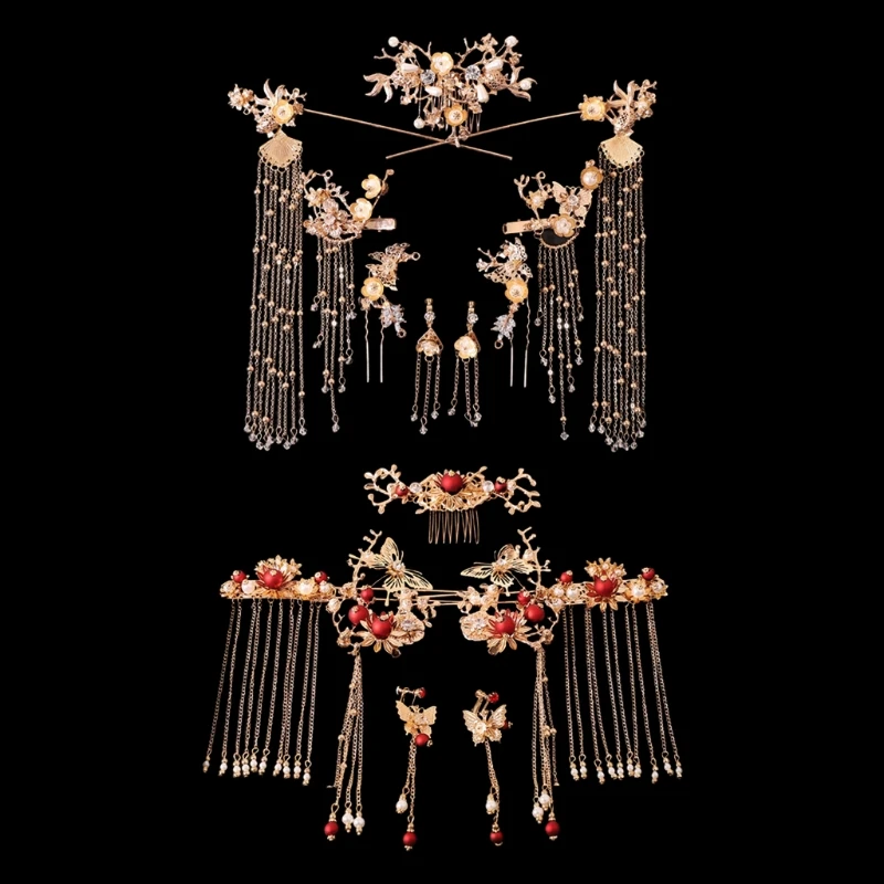 

Bride Retro Chinese Style Hair Ornaments Tassel Women Wedding Headdress Earrings T4MD