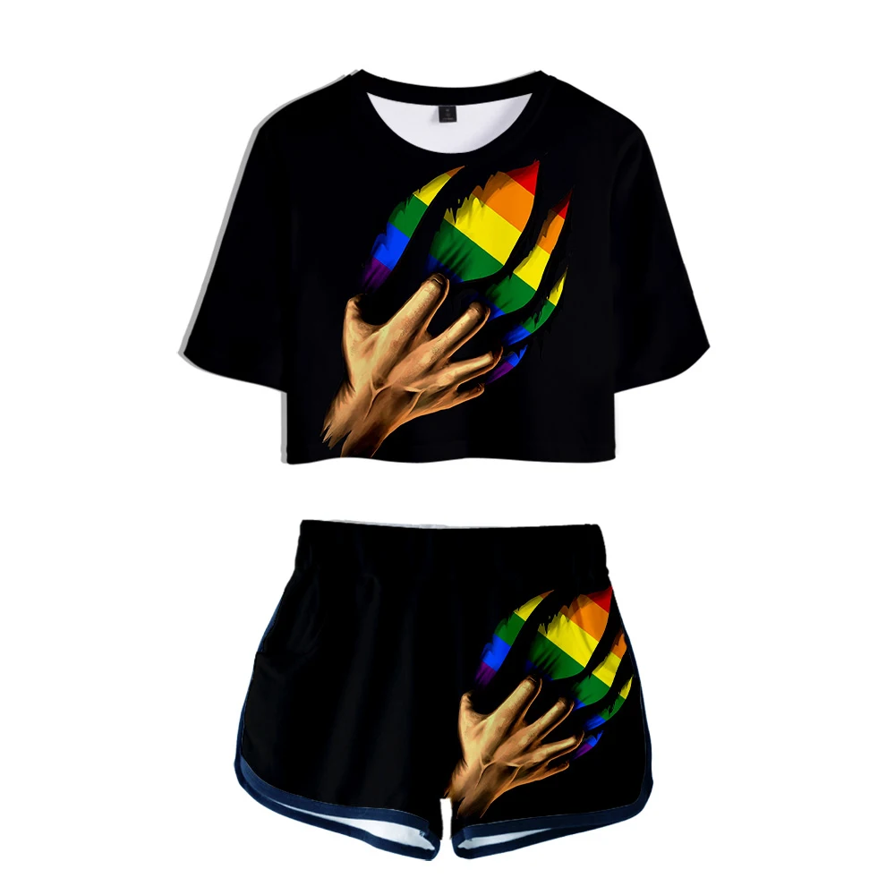 

Free LGBT Cute Set Fashion Printed Women's 2-piece Set Summer Sexy Short Sleeve T-shirt + Shorts Rainbow Design Set Streetwear