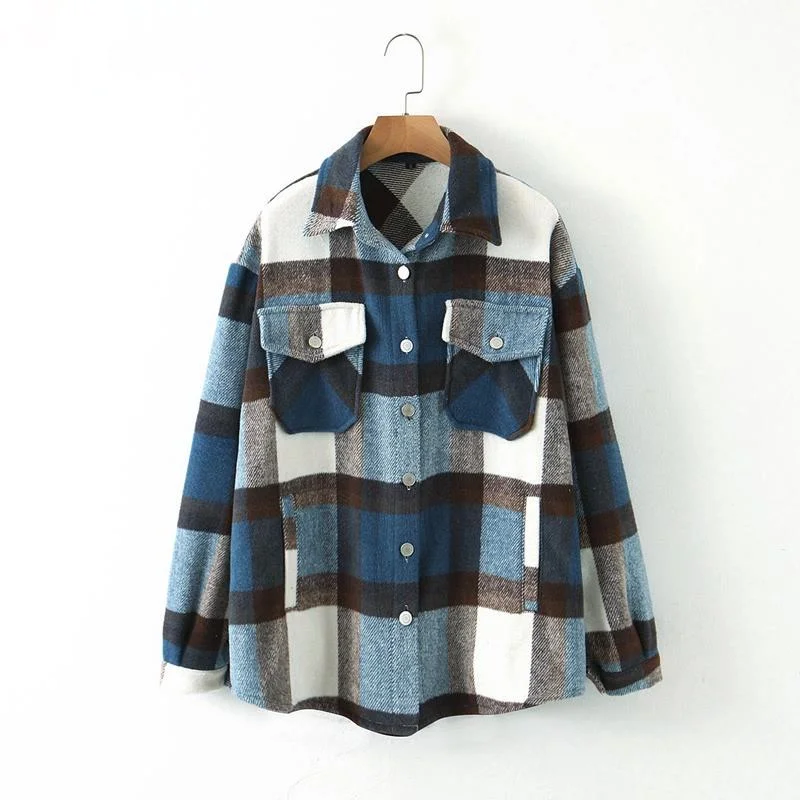 

2020 Autumn Winter Women Blue Plaid Long Coat Jacket Pocket Casual Warm Overcoat Fashion Outwear Tops QW12