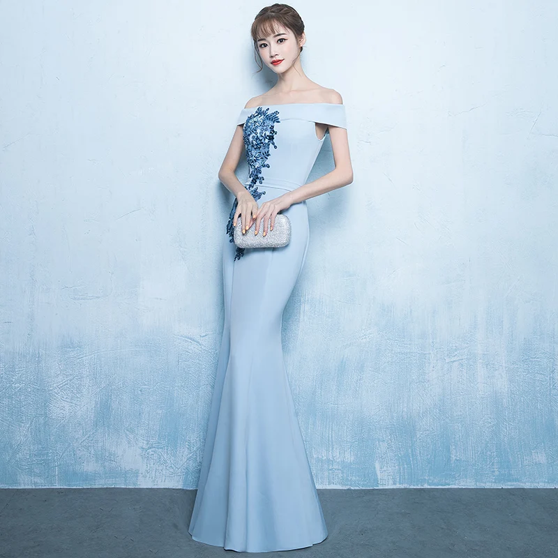 

Qipao cheongsam wedding gown dress Full Length Women Mermaid Cheongsam Light Blue Qipao Sexy Off Shoulder Slim Meeting Dress