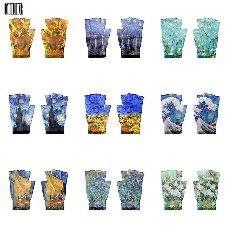 

Van Gogh Oil Painting Half Finger Gloves Warm Women Knitted Fingerless Gloves Work Sports Non-Slip Sunflower Starry Night Gloves