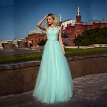 Robe de soirée en Tulle, longue, longueur au sol, avec des appliques, sans manches, ligne a, en dentelle, tenue de bal pour femmes  (1)