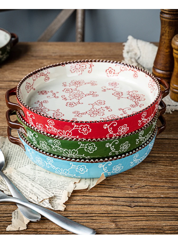 

Binaural Soup Pizza Bake Pan Creative Cherry Pattern Plate Household INS Microwave Ceramic Comal
