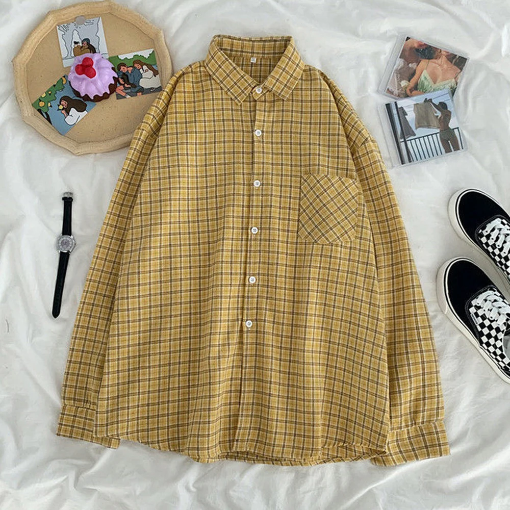 

2021 Plaid Shirts Women Top And Blouses Long Sleeve Oversized Cotton Ladies Casual Blusas One Pocket Loose Female Checked Shirt