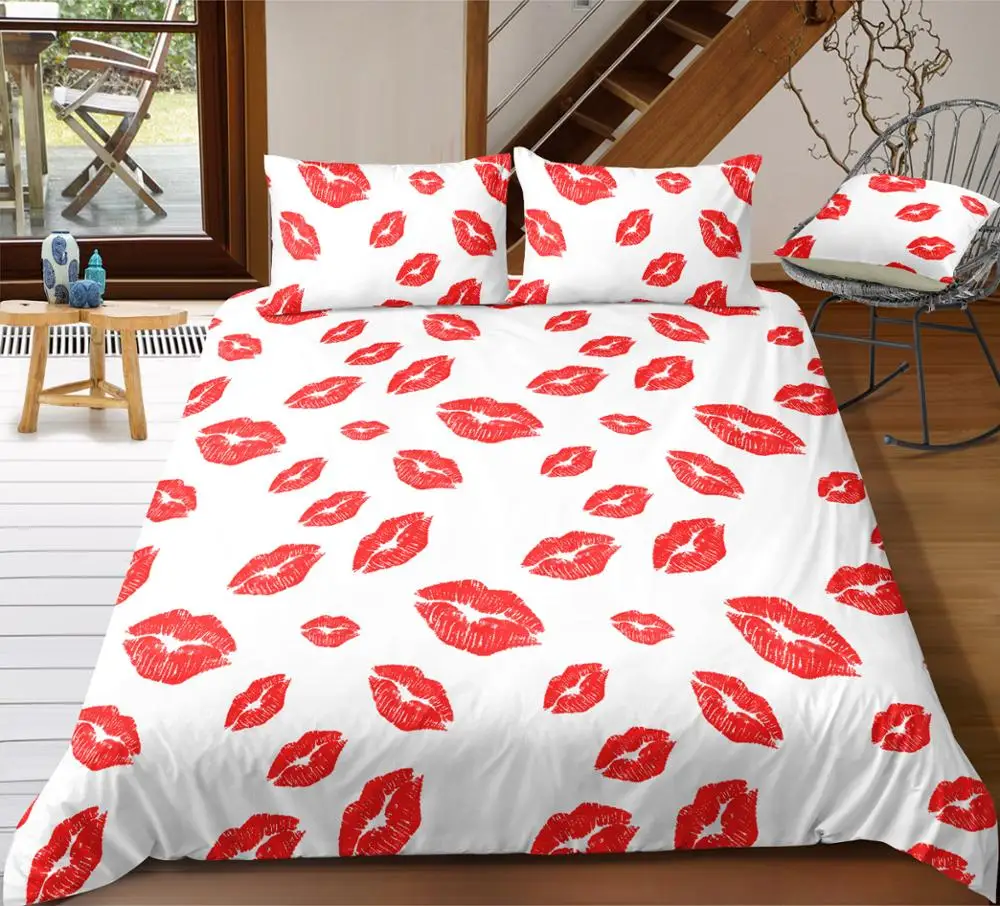 

3D Print Duvet Cover Set Sexy Red Lips Bedding Set Decorative Unique Kiss Microfiber Girls Comforter Cover with 2 Pillow Shams