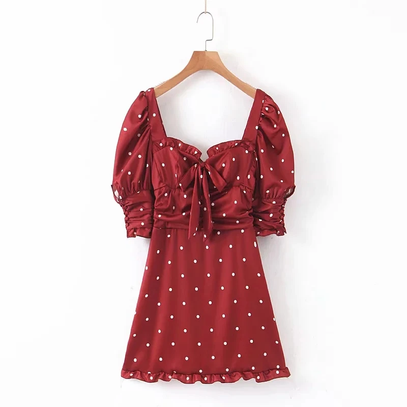 elegant red polka dot satin dress women mini puff sleeve Sexy backless chiffon beach womens dresses korean vestidos 2019 | Женская