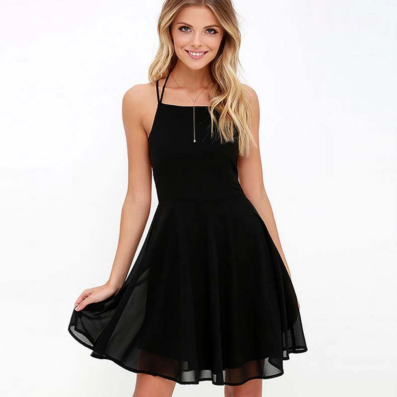 Женское Короткое платье без рукавов однотонное пляжное на бретелях-спагетти с