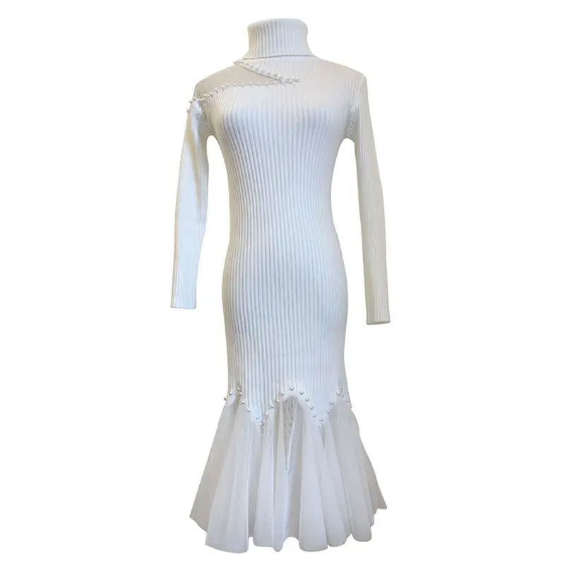 

Knitted base dress autumn and winter new high collar thin lady heavy industry Beaded fairy medium long fishtail hip skirt