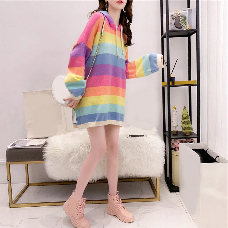 Женский милый полосатый свитер шикарные пуловеры с радугой милые капюшоном Sueter