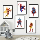 Акварель Marvel принт супергероев Холст Картина Железный человек Капитан Америка Человек-паук Детский постер настенное Искусство Декор детской комнаты