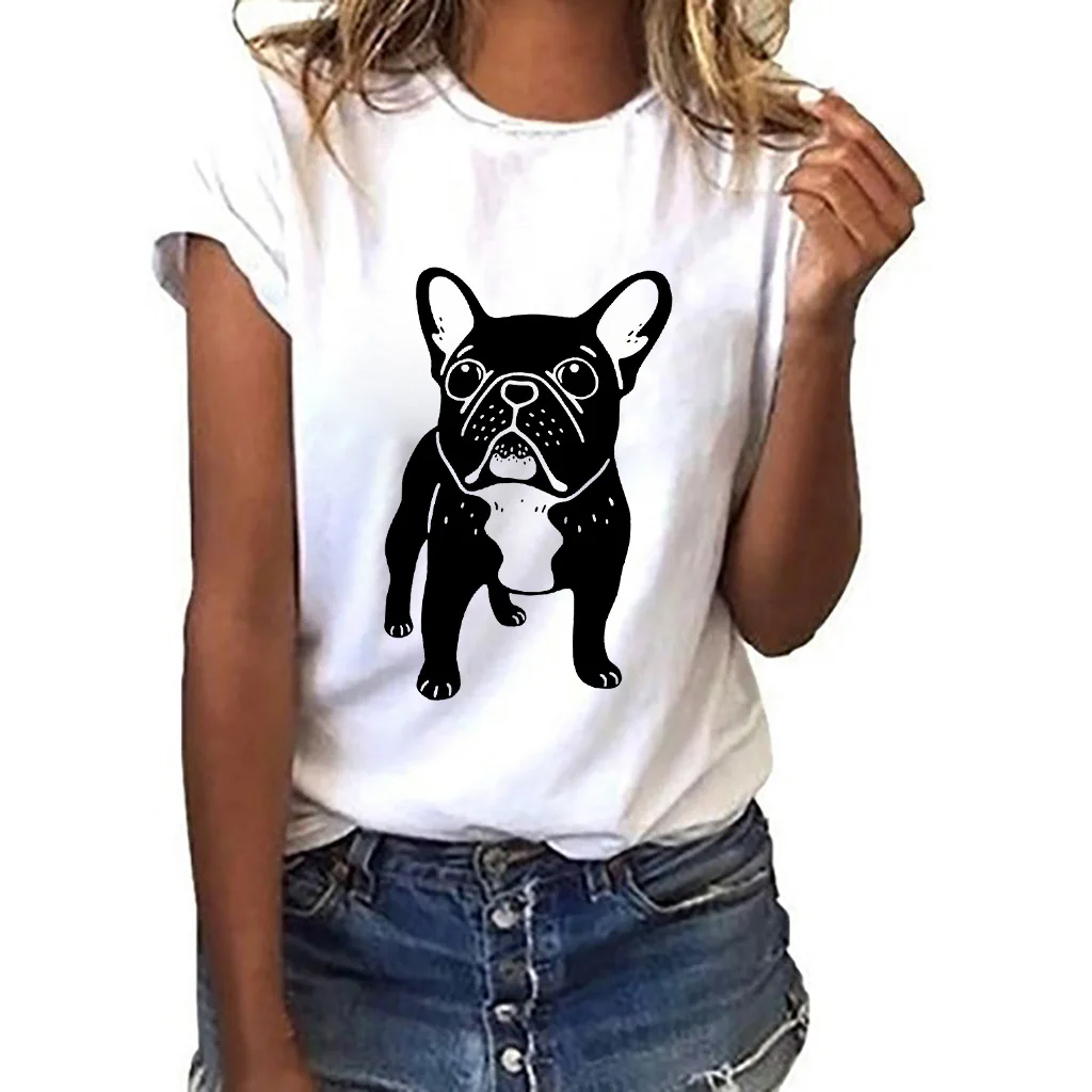 

2021 Summer Women's T-shirt Cute Black pug Print Tshirt O-neck Short Sleeve Tshirt ladies Harajuku tee shirt femme