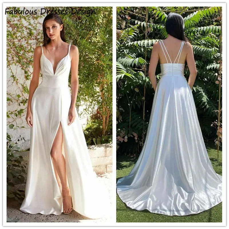 

Sexy V Neck Backless Split Wedding Dresses Spaghetti Strap Sweep Train 2021 Bridal Gowns Cheap Plus Size Vestidos De Novia