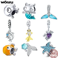 wostu hot sale 925 sterling silver fish tail mermaid beads charms pendant fit bracelets women party diy fine jewelry gift making