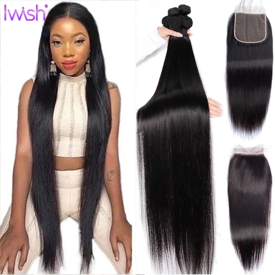 

Straight Bundles with Closure 30inches Human Hair Bundles With Closures Peruvian Hair 3/4 Bundles With Closure