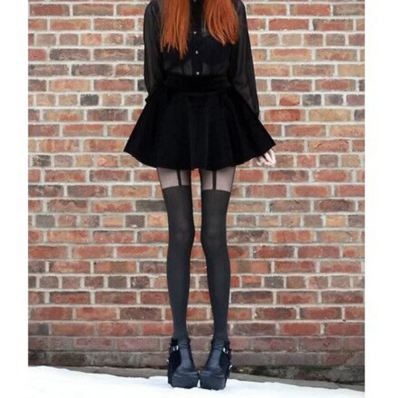 Новое поступление на весну модные черные длинные колготки с двойными полосками