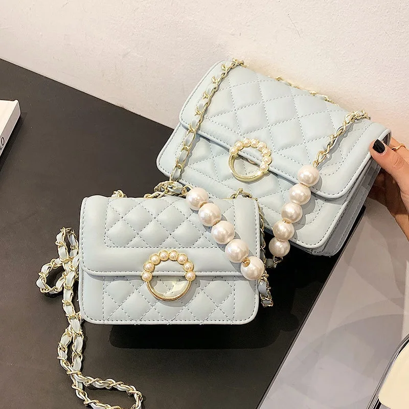 

Small Pearl Lattice Chain Crossbody Bag Luxury Women Leather Handbag Trendy Plaid Messenger Bag Lady Quilted Flap Shoulder Bag