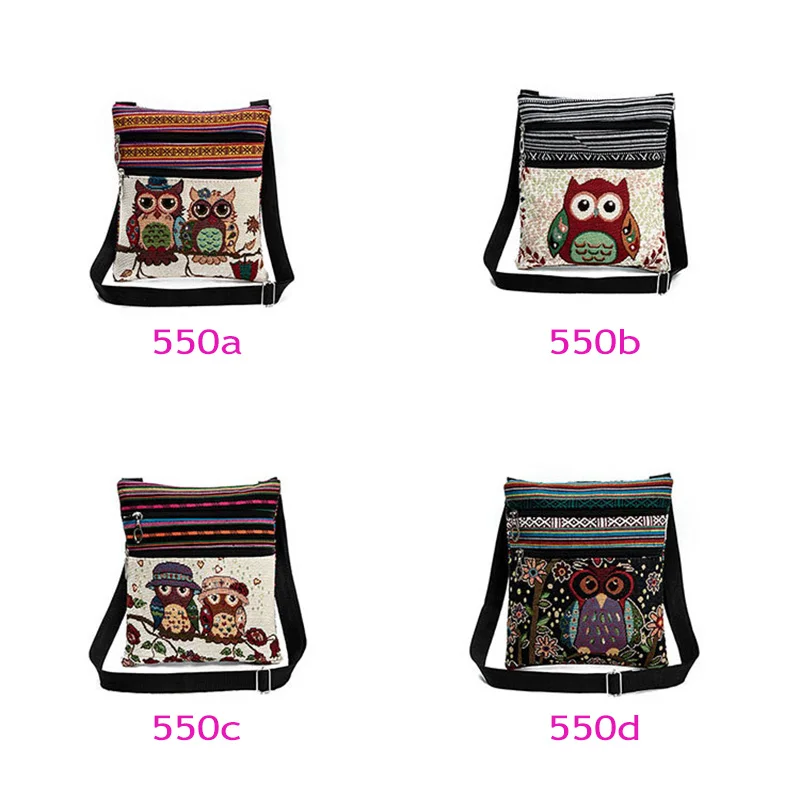 Fashion Ethnic Style Women Messenger Bags Dual Zipped Cartoon Owl Embroidered Shopping Ladies Girls Shoulder Bag Best Sale-WT |