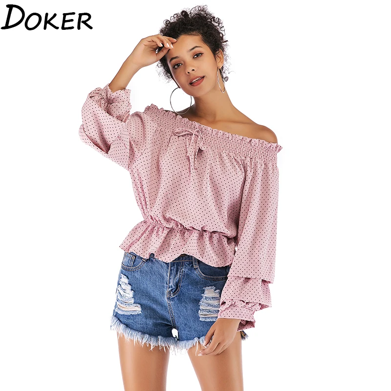 Летние женские топы с открытыми плечами длинным рукавом в горошек женская