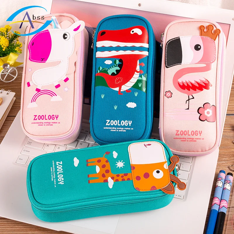 Kawaii Animal Unicorn Dinosaur Flamingo Pencil Case Zipper Large Capacity Pencil Box Portable Storage Bag School Supplies