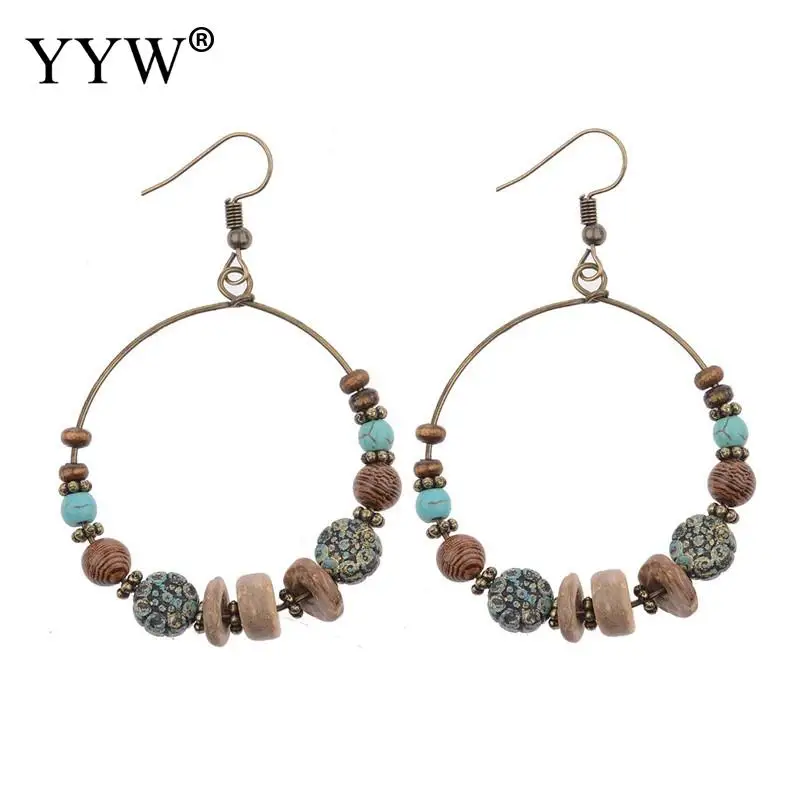 2019 полые круглые бирюзовые деревянные бусины Женские Висячие серьги в богемном