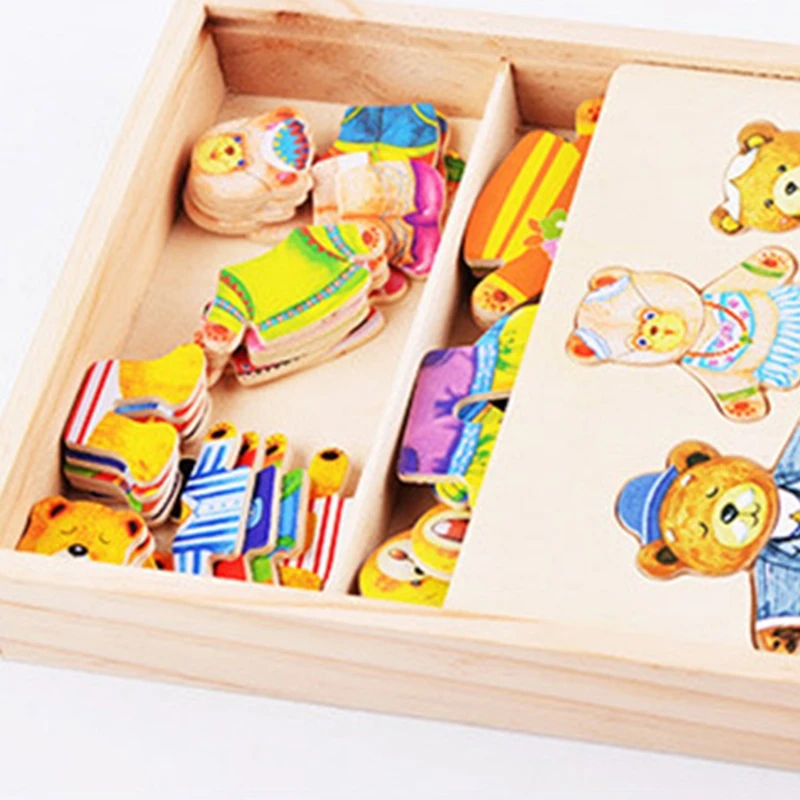 

Little Bear Changing Cloth Puzzle Set Baby Cartoon Puzzles Toys Wooden Box