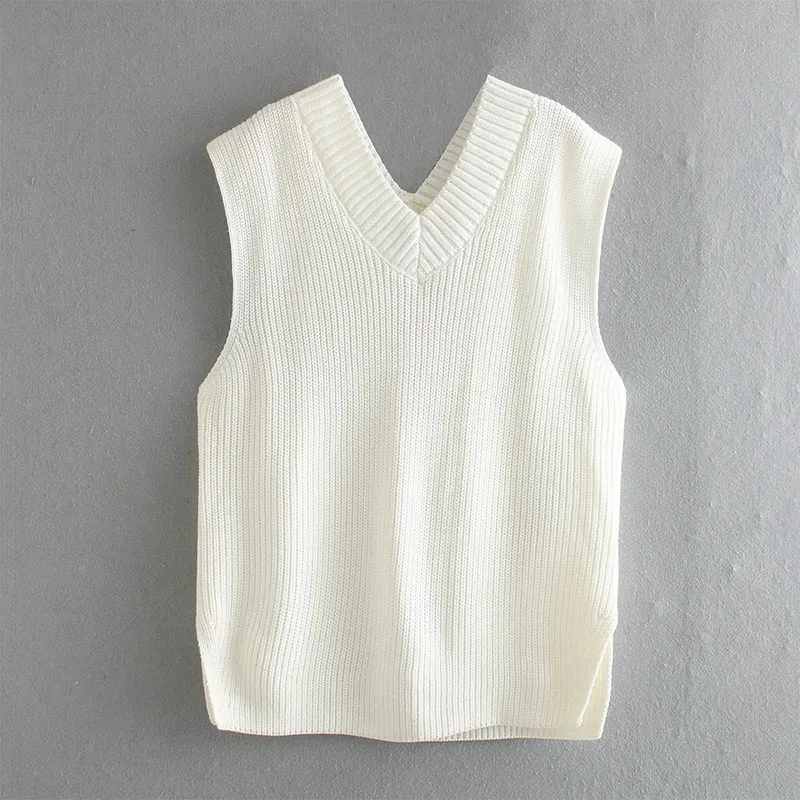 

Autumn White Thicken Knitted Women's Vests V-Neck Sleeveless Split Female Sweaters Warm Solid Casual All-Match Ladies Clothes