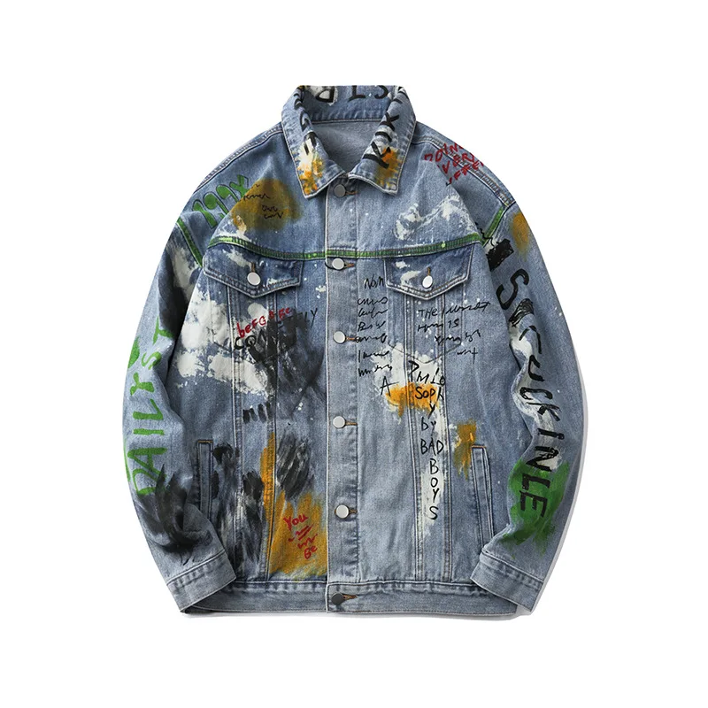 Куртка мужская джинсовая с принтом граффити повседневная верхняя одежда из