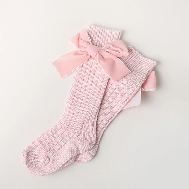 Pink Хлопковые носки для девочек с бантами, гольфы для девочек, милые носки принцессы для новорожденных длинные зимние детские носки - Цвет: Pink
