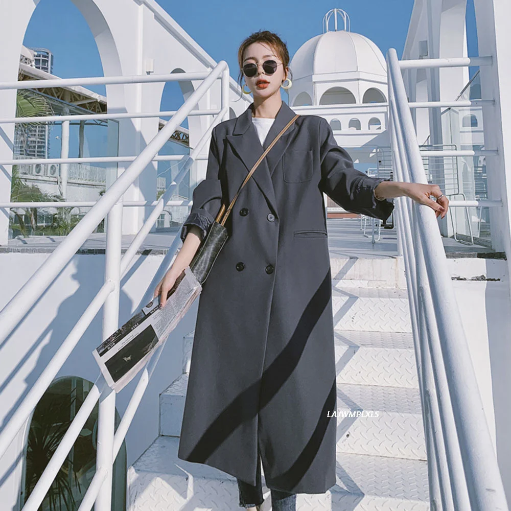 

Office lady Spring High Quality Long Elegant Gray/Black Blazer Trench Coat Women 2021 Autumn Feminina Windbreaker Women Coat