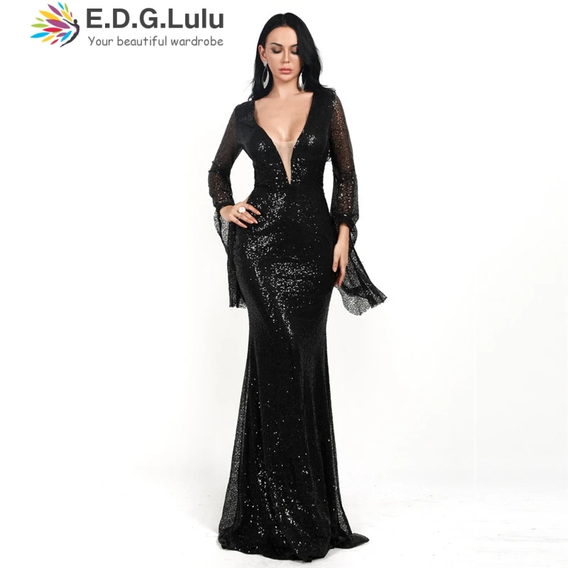 

EDGLuLu Full Sleeved Black Sequined Maxi Dress Long Sleeve Deep V Neck Elegant Evening Party Dress Champagne Gold 0530