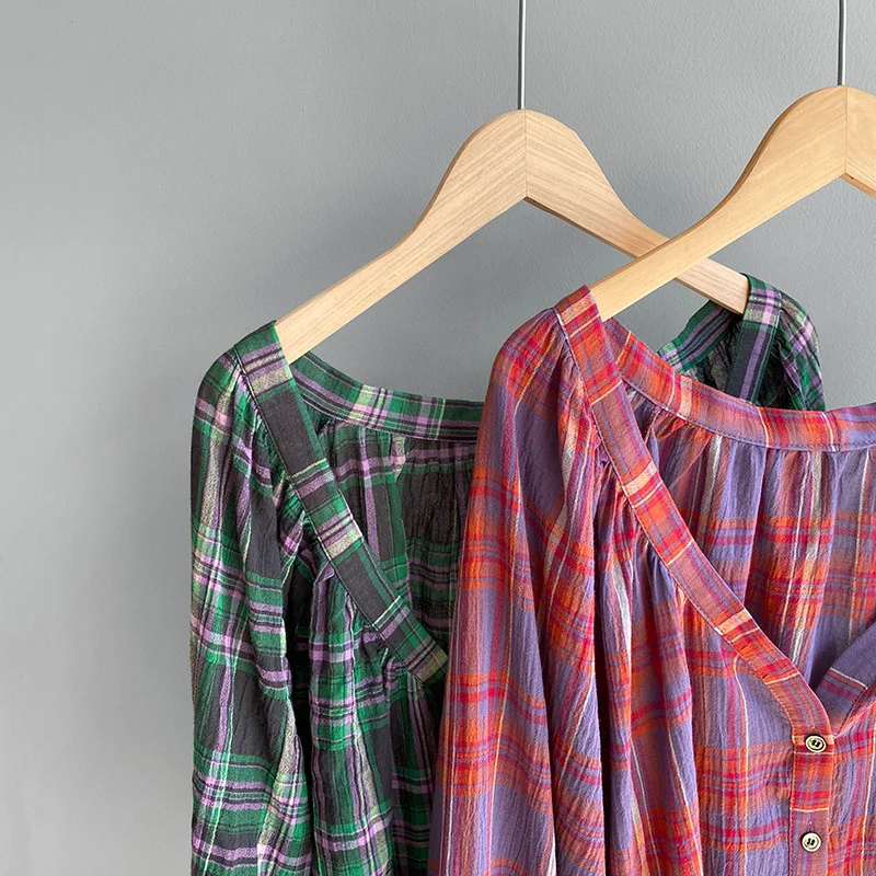 

Korean Style Long Sleeve Plaid Harajuku Shirt Women's Autumn 2021 New V-neck Loose Top Shirt Shirts For Women Tops