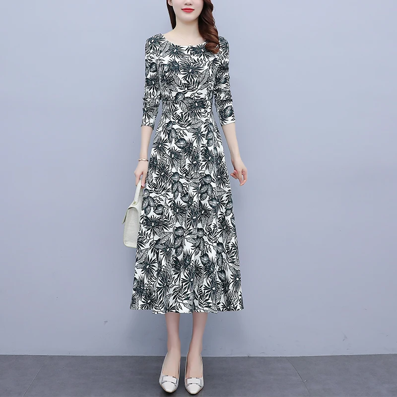 

COIGARSAM Women One Piece Korea Dress Autumn 2021 New Office Lady Long Sleeve Floral Print O-Neck Green Dresses Traf Robe